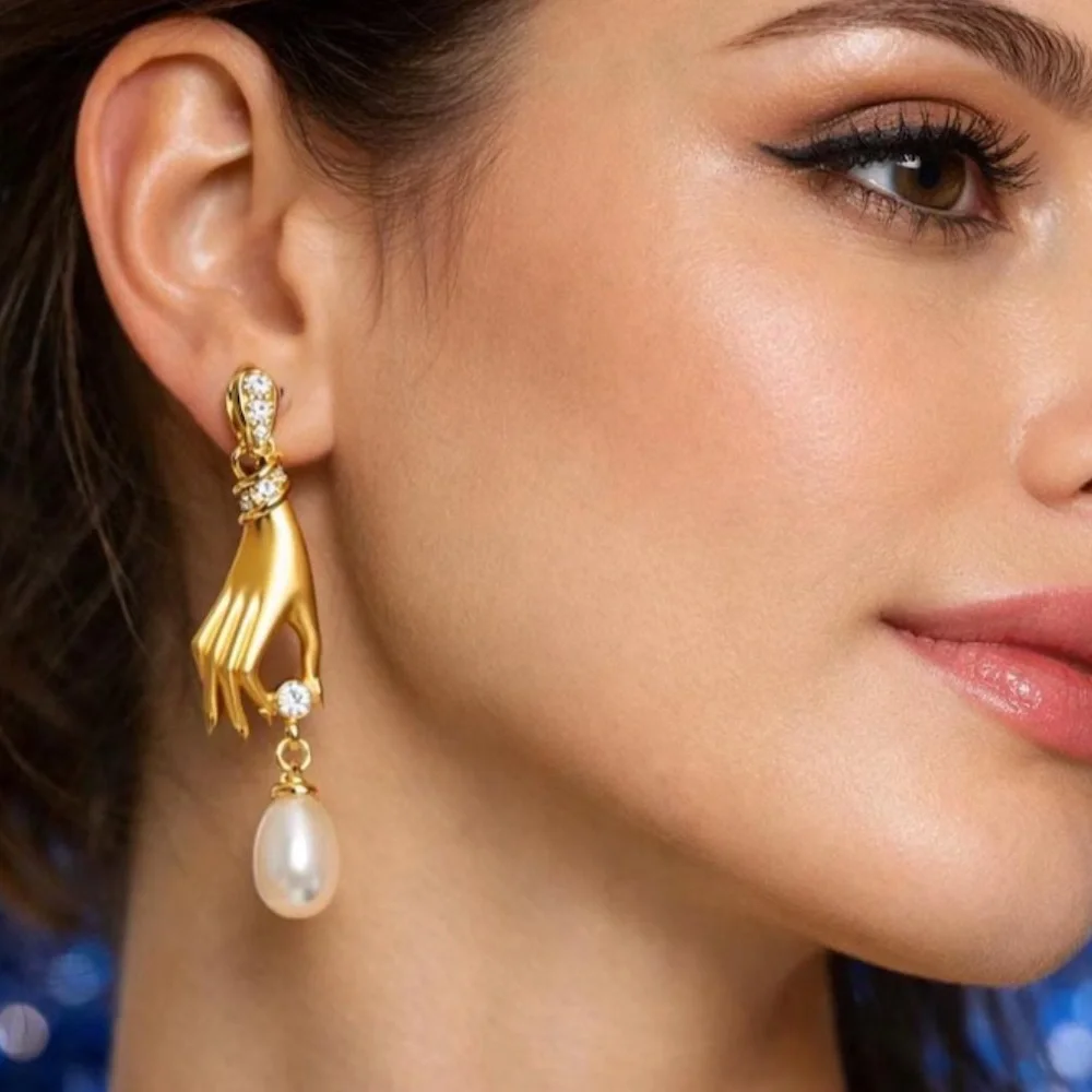 Gold Hand Pearl Drop Earrings - Vintage Style Diamond Dangle Earrings - Picture 3 of 7